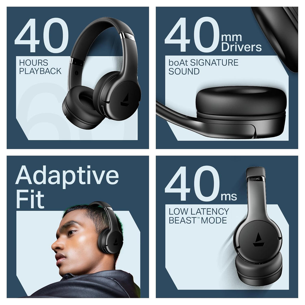 Boat Rockerz 411, Bluetooth Headphones, Wireless Over Ear an Headphone with Mic (Active Black)it connect to multiple devices.